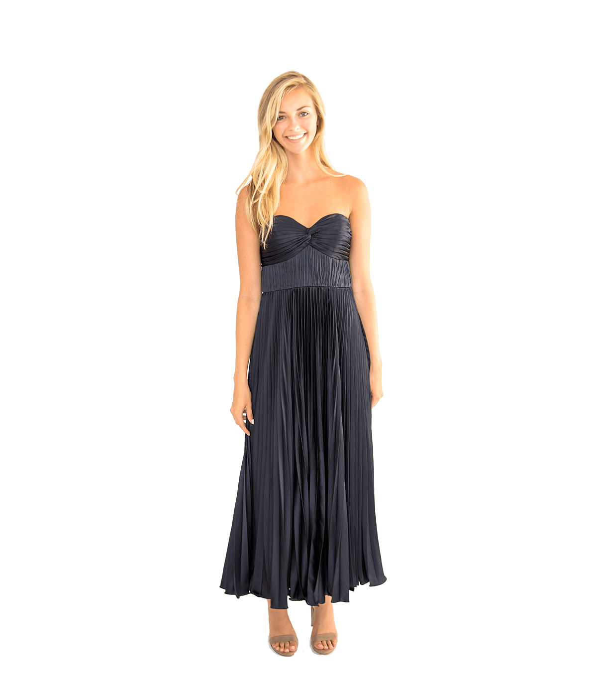 pleated strapless dress