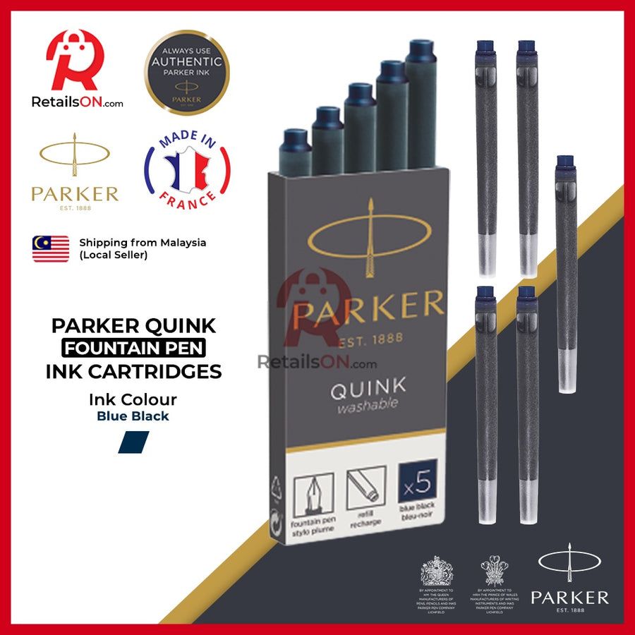 Parker Quink Fountain Pen Ink Cartridges - Black / Fountain Pen Ink Refill  [1 Pack of 5] - Black (ORIGINAL)