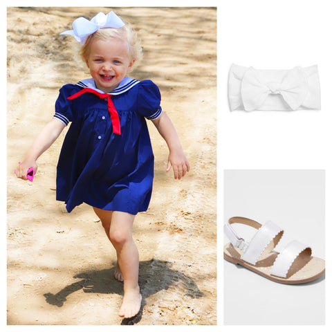 collage of navy nautical girls sailor dress with white headband bow and scalloped white Target sandals