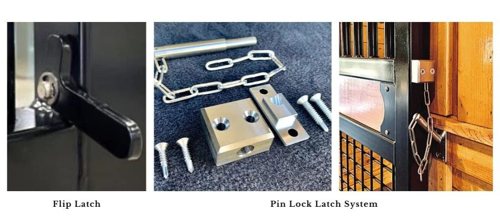 flip latch and pin latch for sliding horse stall fronts