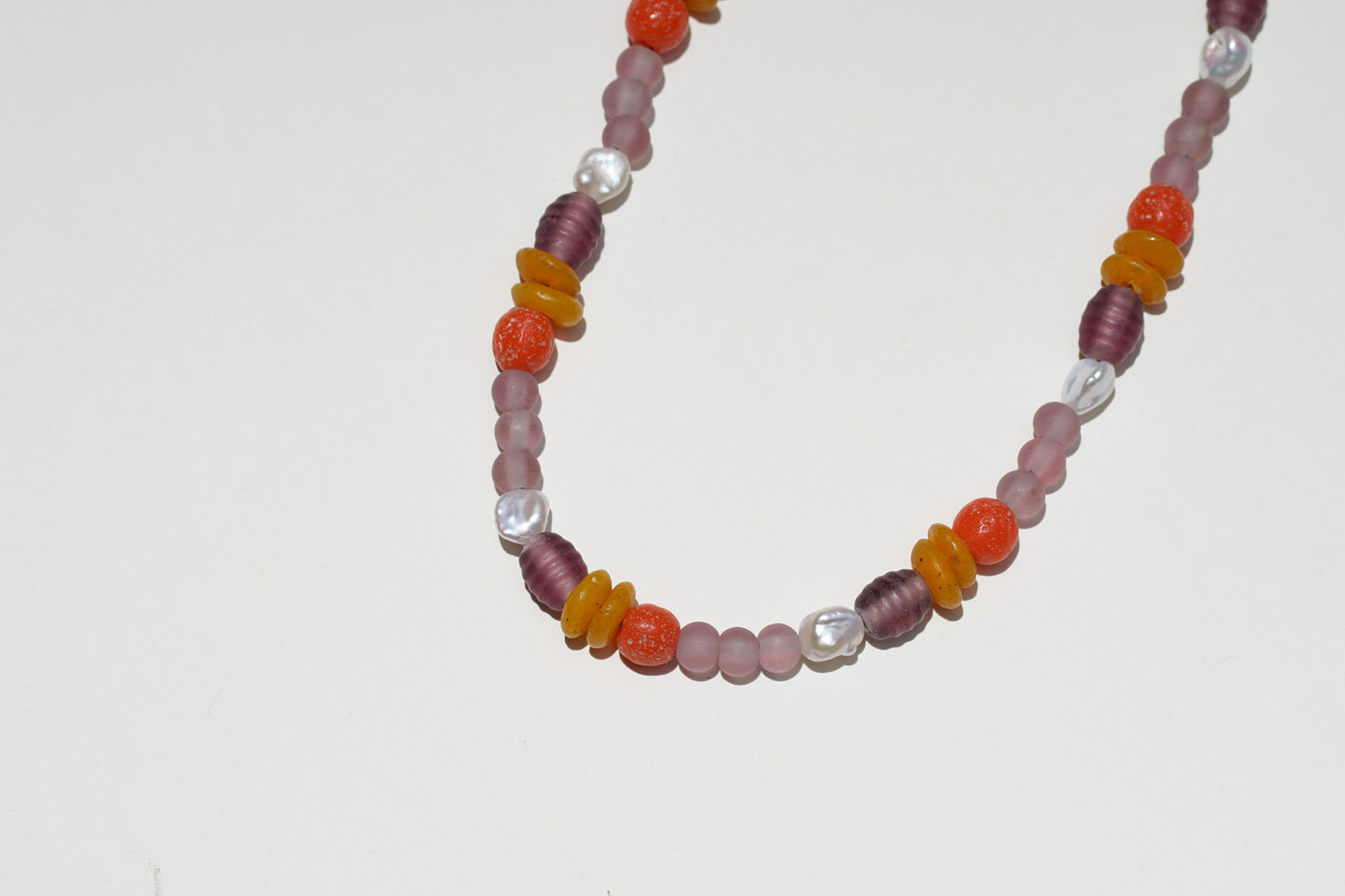 Lavender Orange Purple Recycled Glass Pearls Beaded Necklace - Ocaso