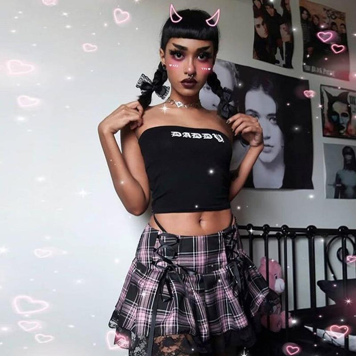 Pink Black Pastel Goth Plaid Pleated Skirt Gothic Kawaii Cute DDLG