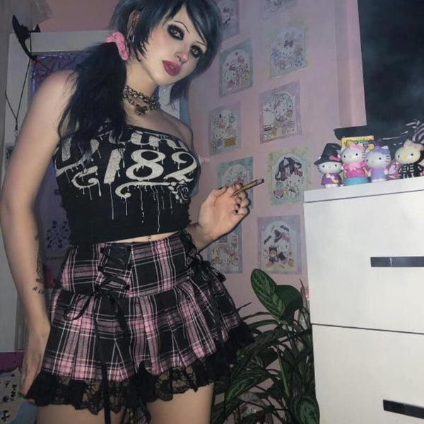 Pink Black Pastel Goth Plaid Pleated Skirt Gothic Kawaii Cute DDLG