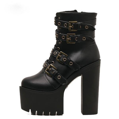 Punk Rock Buckle Boots Black Goth Chunky Block Heel | Arcane Trail