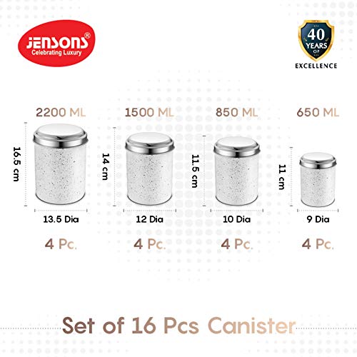 JENSONS JENSONS Stainless Steel Progetto Series 16Pcs Canister Set -White & Black Marble Finish with Mirror Polish S.Steel Lids Hapuka 
