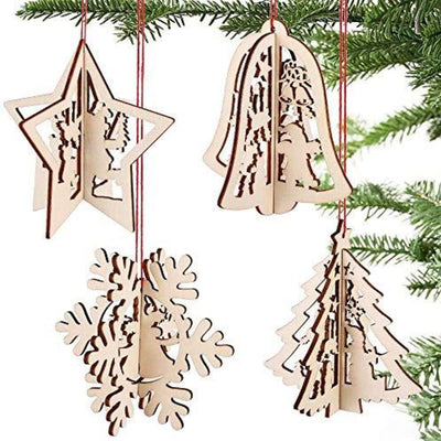 AmericanElm 3D Wooden Christmas Ornaments 20 Pack (5 Each), Unfinished Wood Cutouts for Holiday Card Decoration, Xmas Gift Tags for Kids Art & Craft DIY