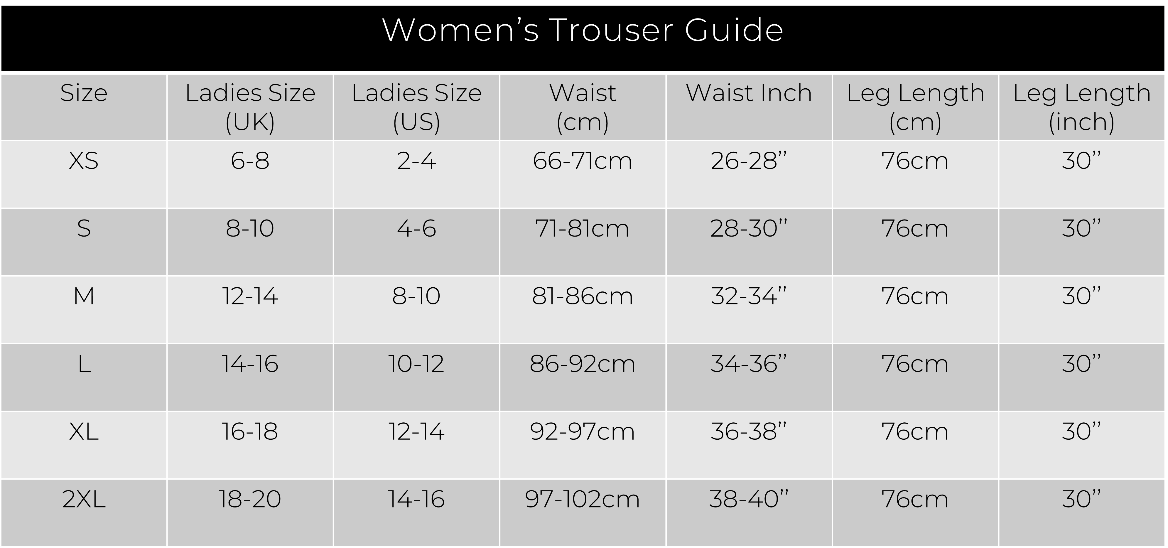 Trouser Sizing Chart