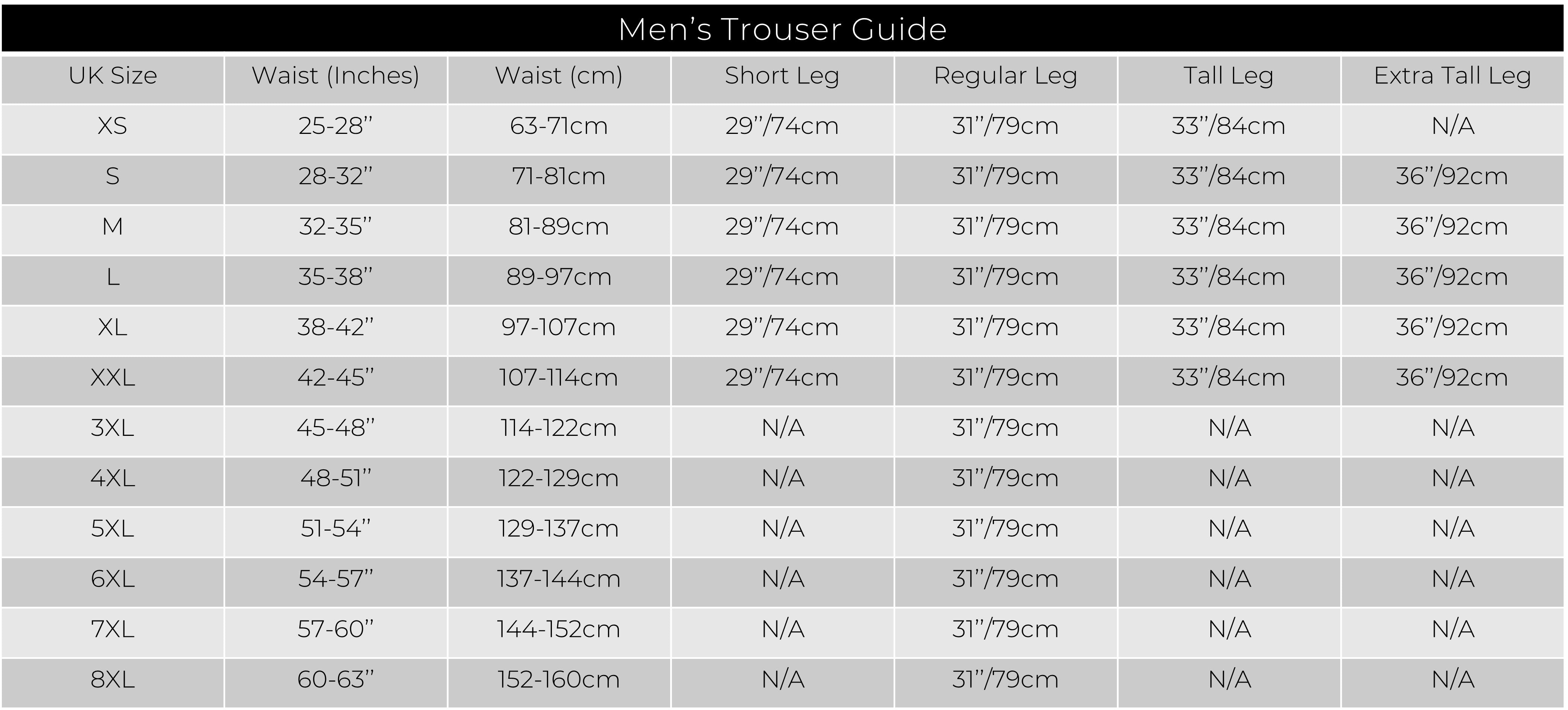 trouser size chart europe