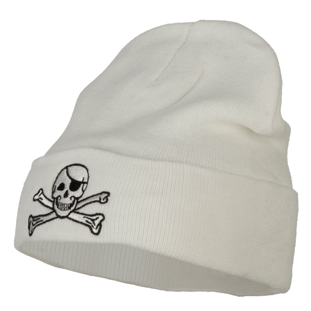 Jolly Roger Skull Embroidered Big Size Long Beanie - White XL-3XL