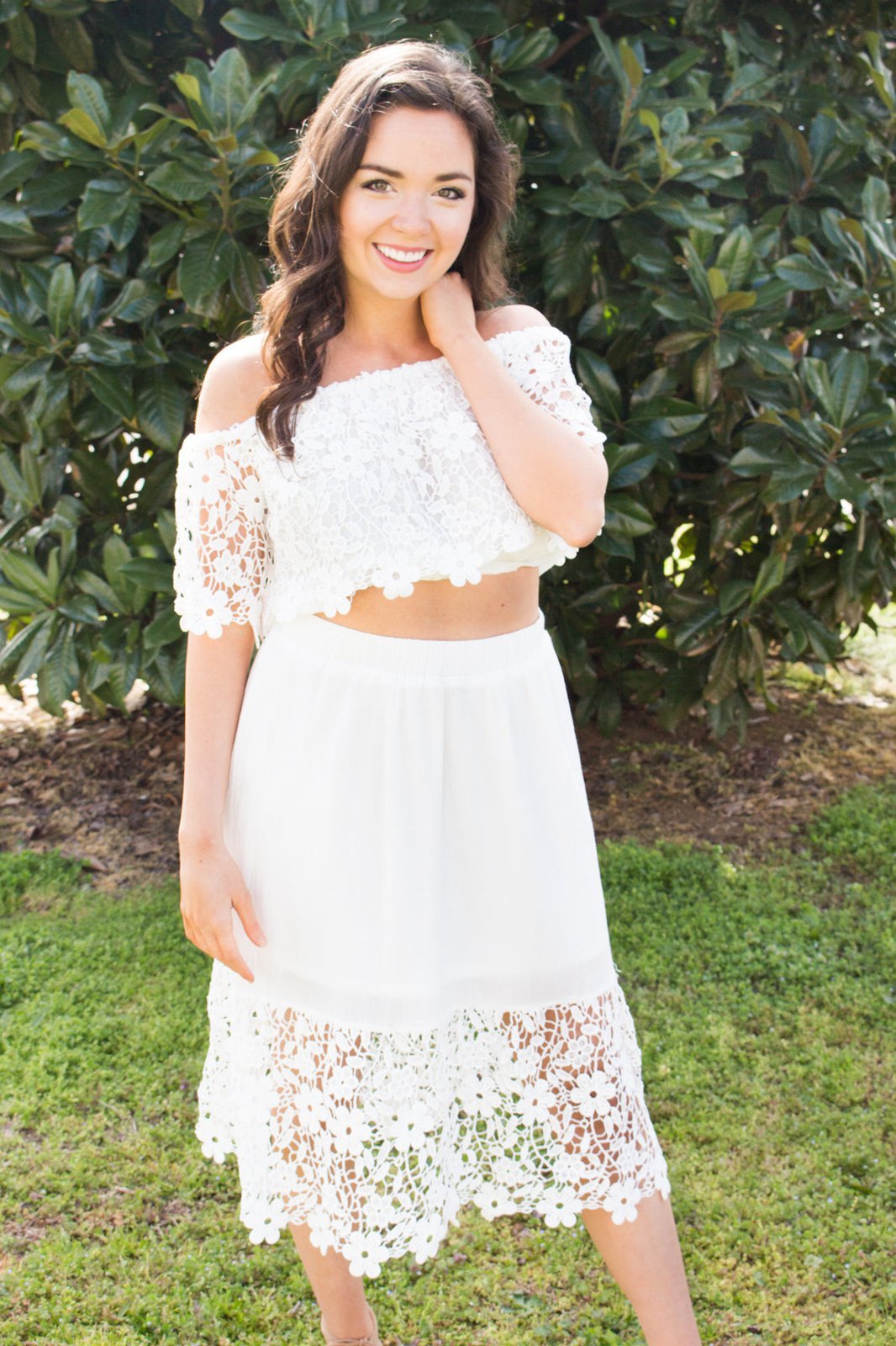 white midi skirt and top set