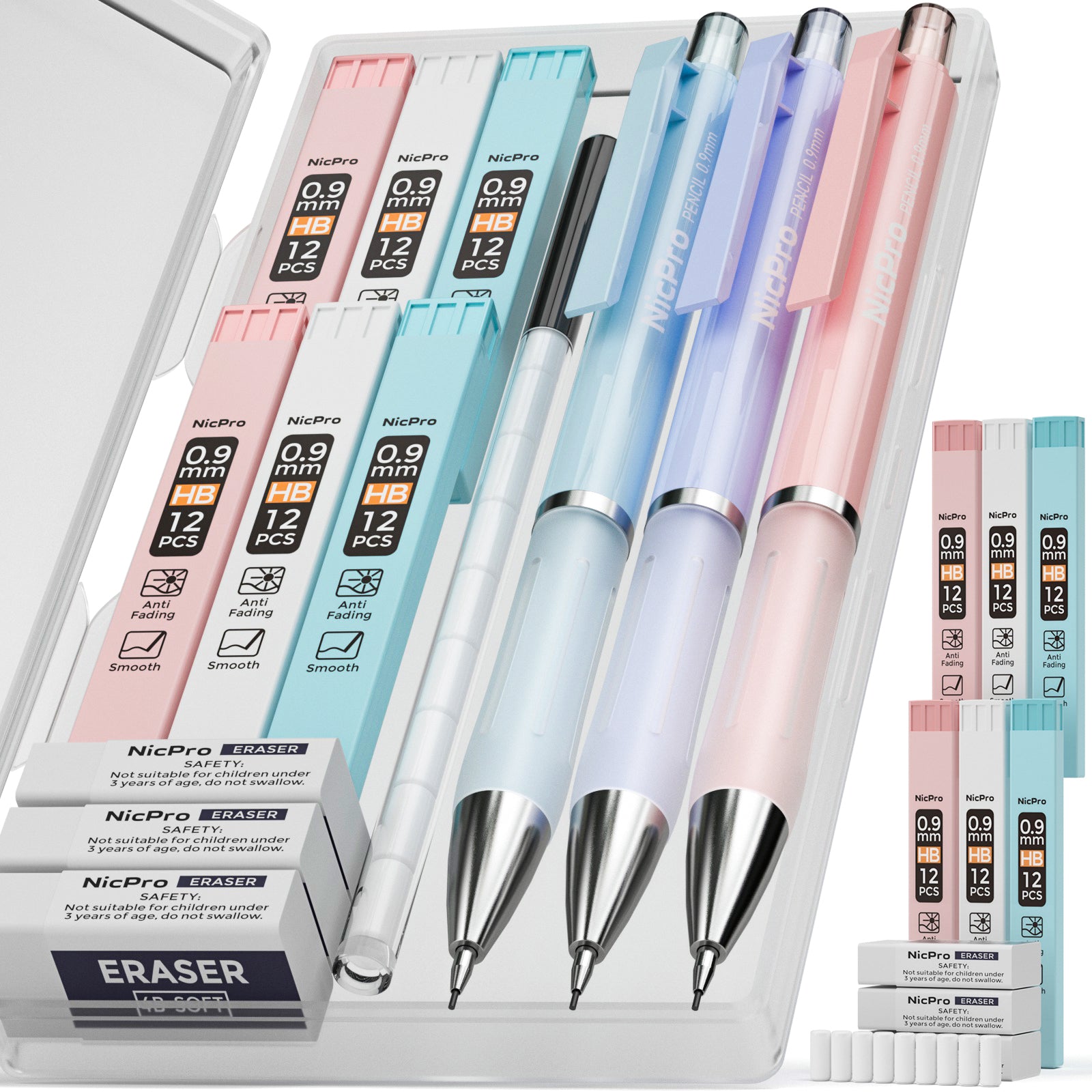 Nicpro 6PCS Pastel Mechanical Pencil Set with Eraser & HB Lead, Cute M