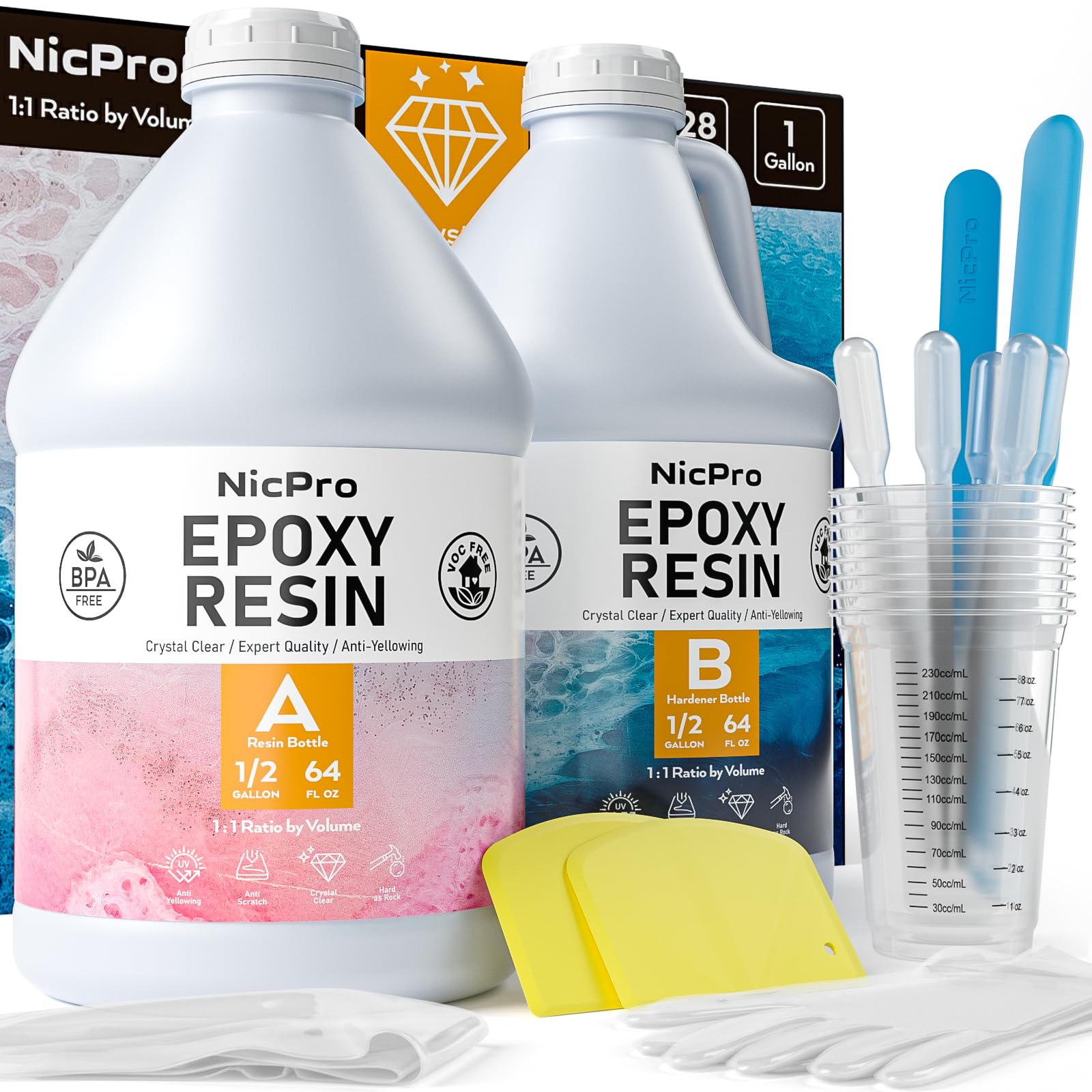 Nicpro 1 Gallon Crystal Clear Epoxy Resin Kit, Not Yellowing & Bubbles