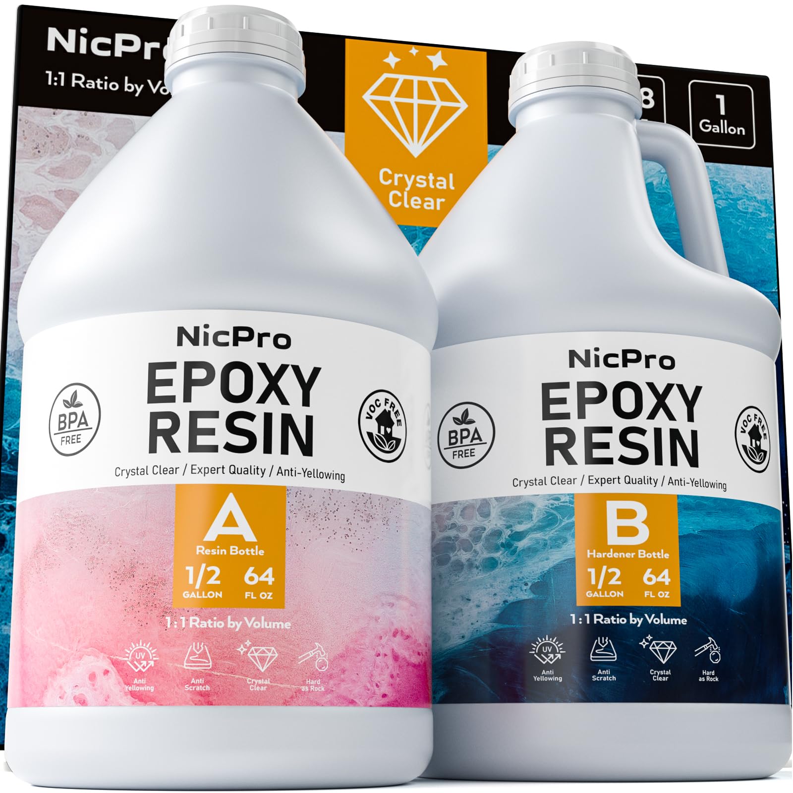 Nicpro 2 Gallon Crystal Clear Epoxy Resin Kit, Not Yellowing & Bubbles