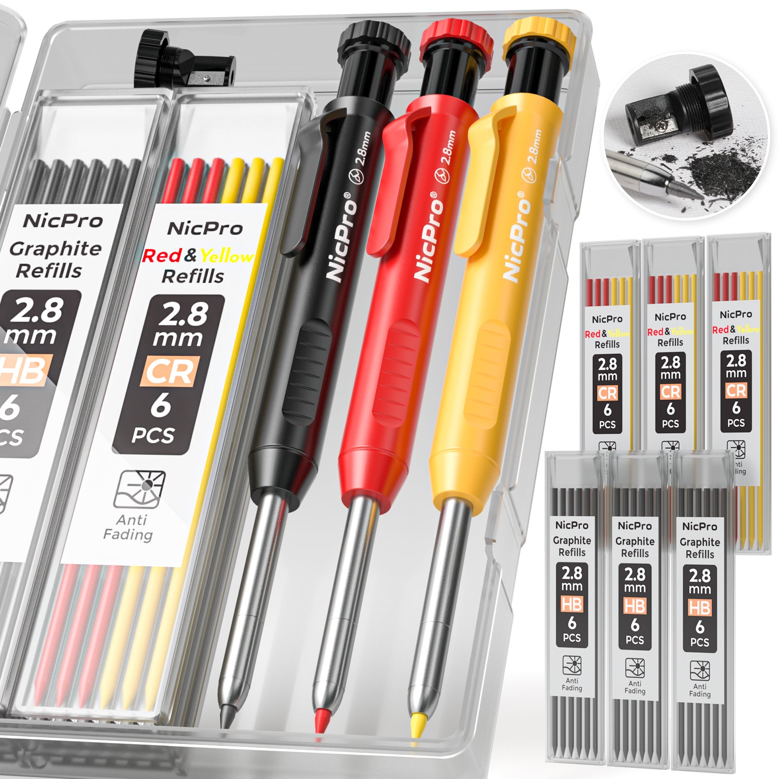 Starbond Carpenter Mechanical Pencil - Includes 12 Wax Refill Leads + Built-In Sharpener Red Pencil