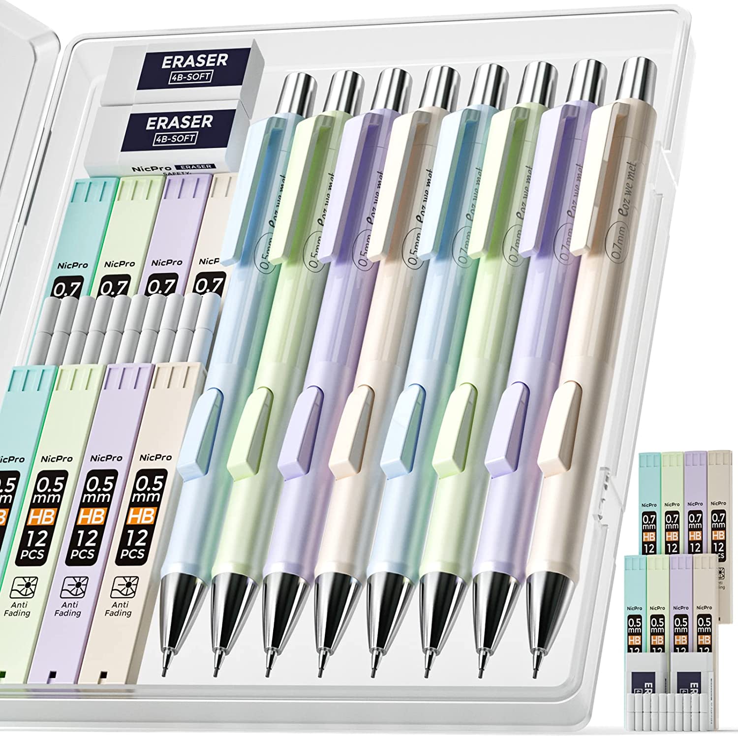 Nicpro 47PCS Pastel Mechanical Pencil Set With Big Capacity Pencil Cas