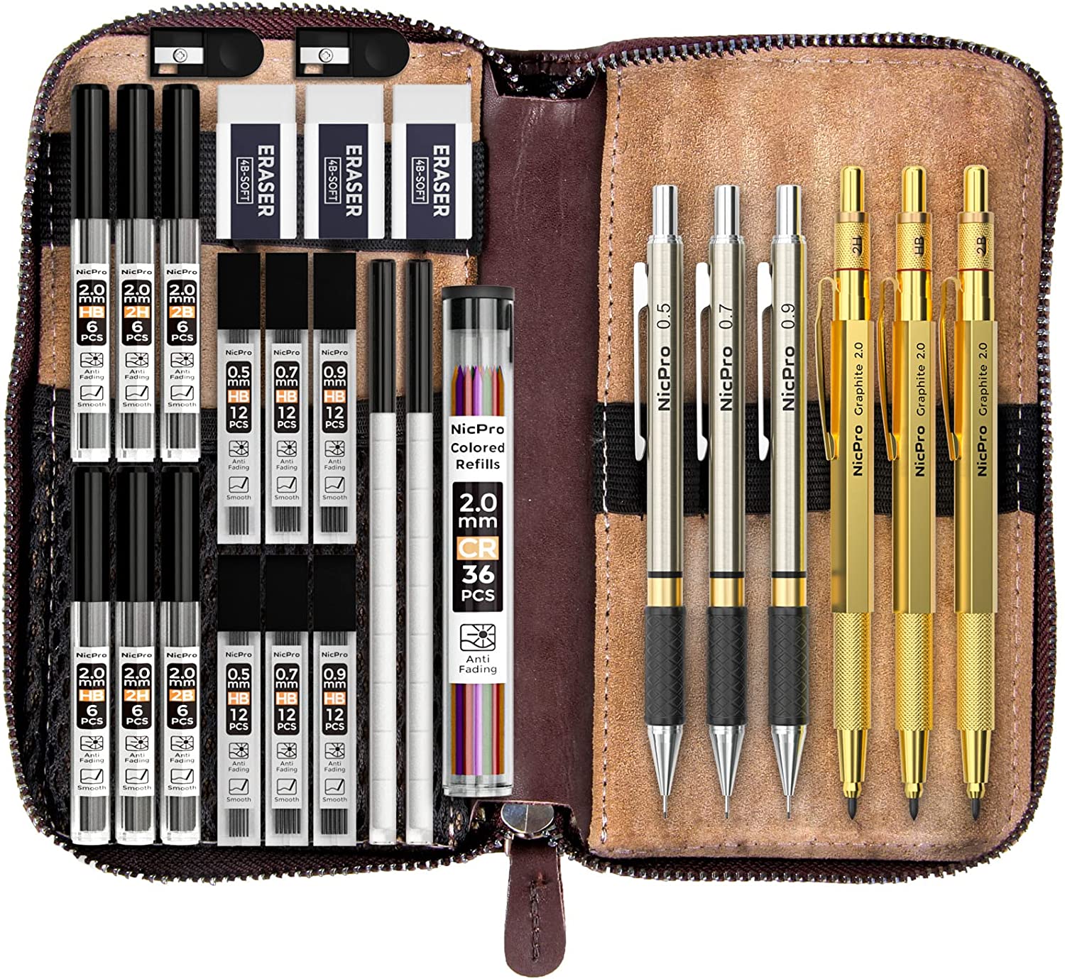 Nicpro 6 Pcs Art Mechanical Pencils Set with Case, Drafting Pencil 0.3 & 0.5 & 0.7 & 0.9 mm and 2mm Lead Holder (4B 2B HB 2H) for Art Writing