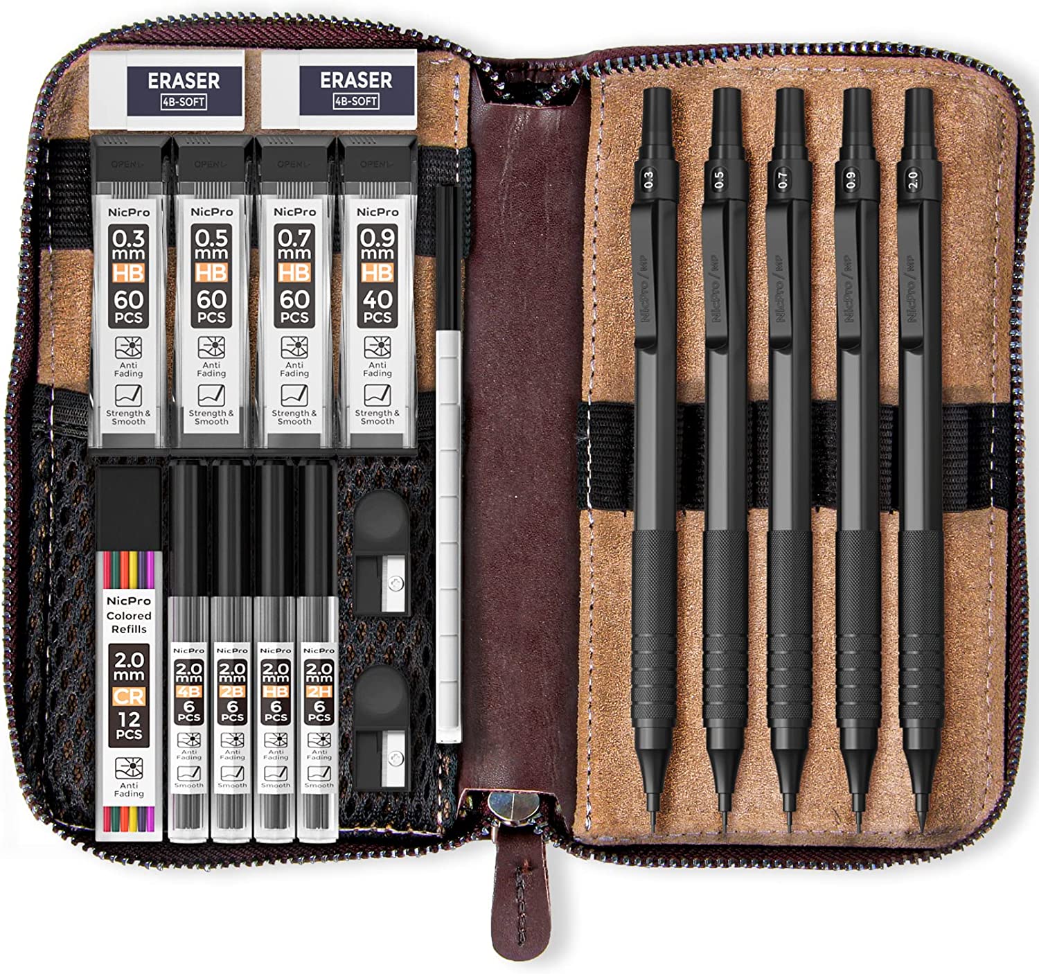 Nicpro Metal 2.0 Mechanical Pencil Set with Case, 3 PCS Drafting Lead  Holder with 10 Tubes 2mm Graphite Lead Refill(HB 2H 4H 2B 4B) &Colors