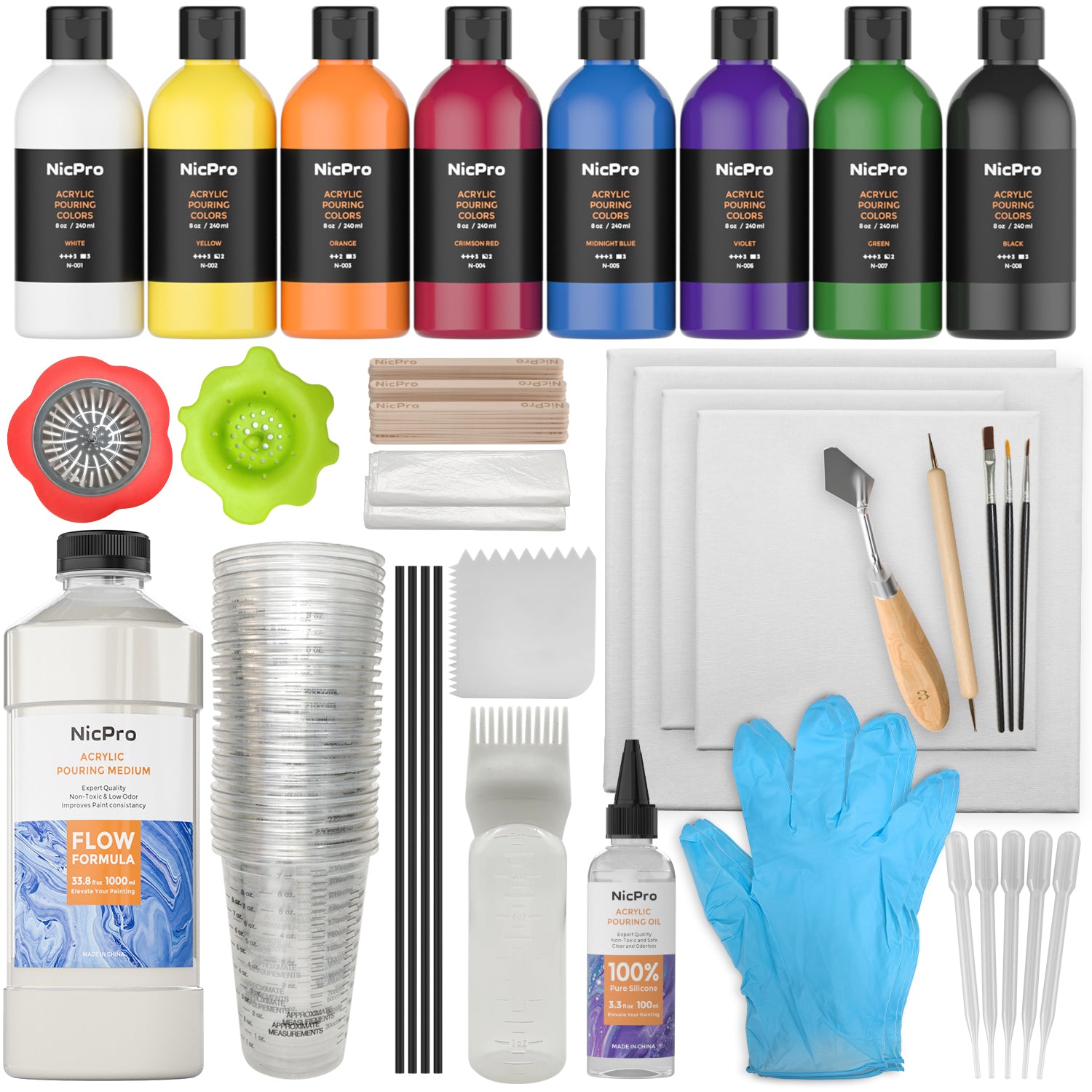 DIY Kit, Acrylic Paint Pouring Painting Kit (Black, Gray, Silver & White)