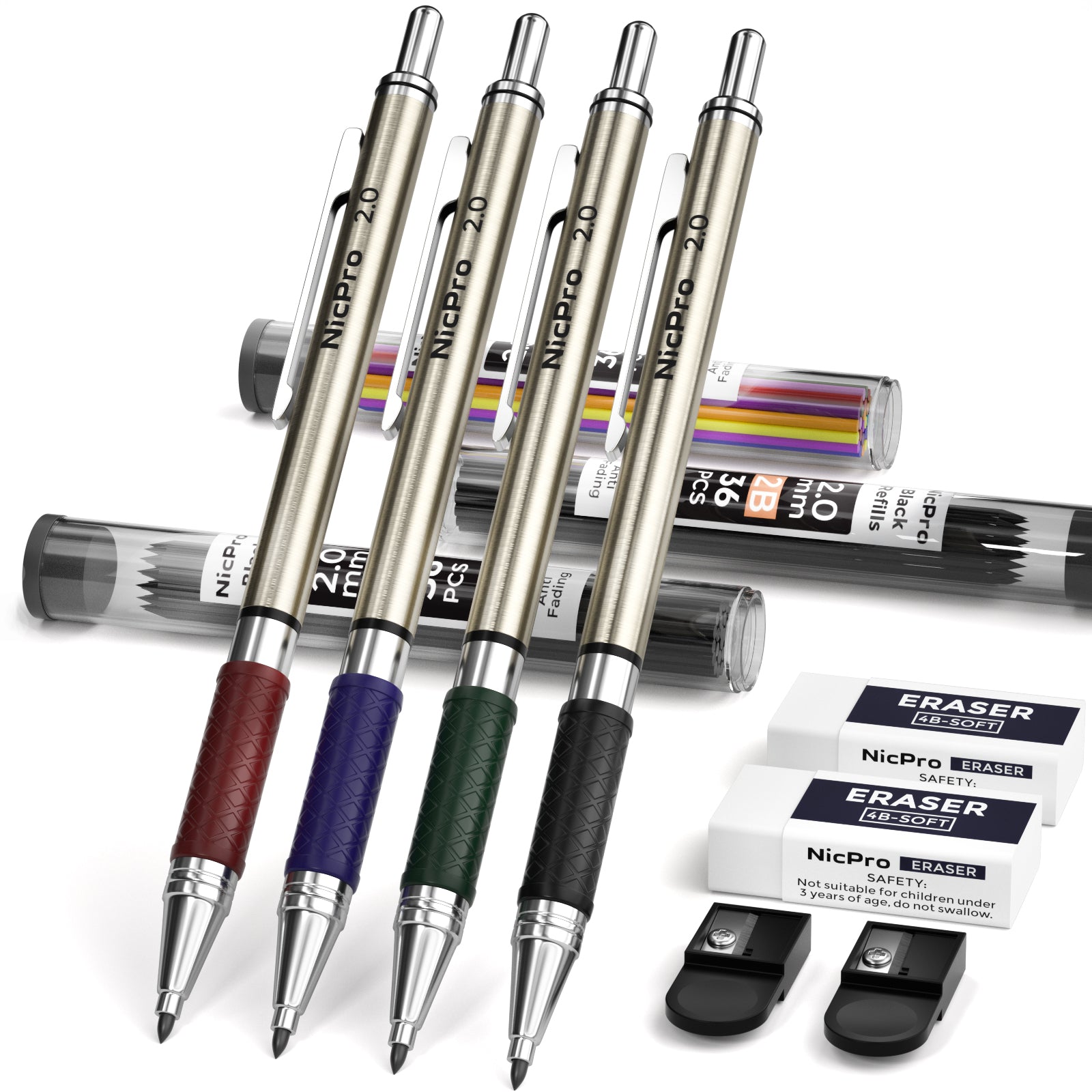 Metal Mechanical Pencil Set With Refills Black Silver 0.3 - Temu