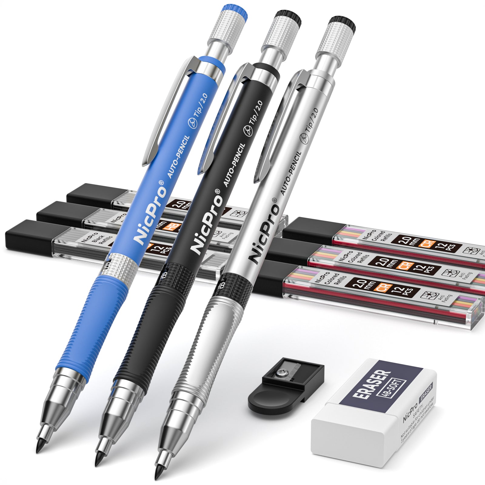  MozArt Mechanical Pencil Set with Case - 4 Sizes: 0.3, 0.5,  0.7 & 0.9mm with 30 HB Lead Refills Each & 4 Eraser Refills -Sketch,  Drafting, Art, Drawing Supplies (Multicolor) : Office Products