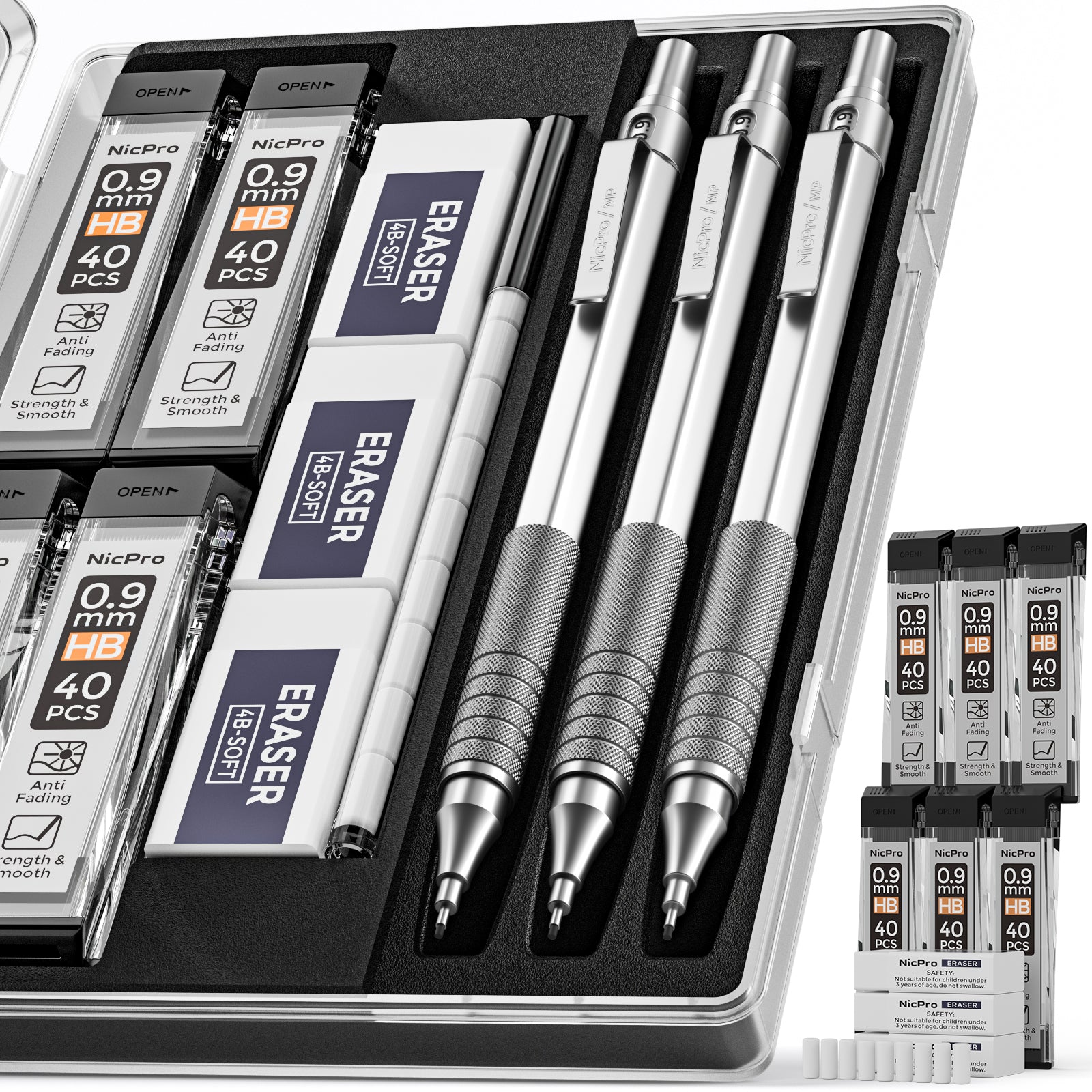 Nicpro 0.7 mm Mechanical Pencils Set with Case, 3 Metal Artist Pencil