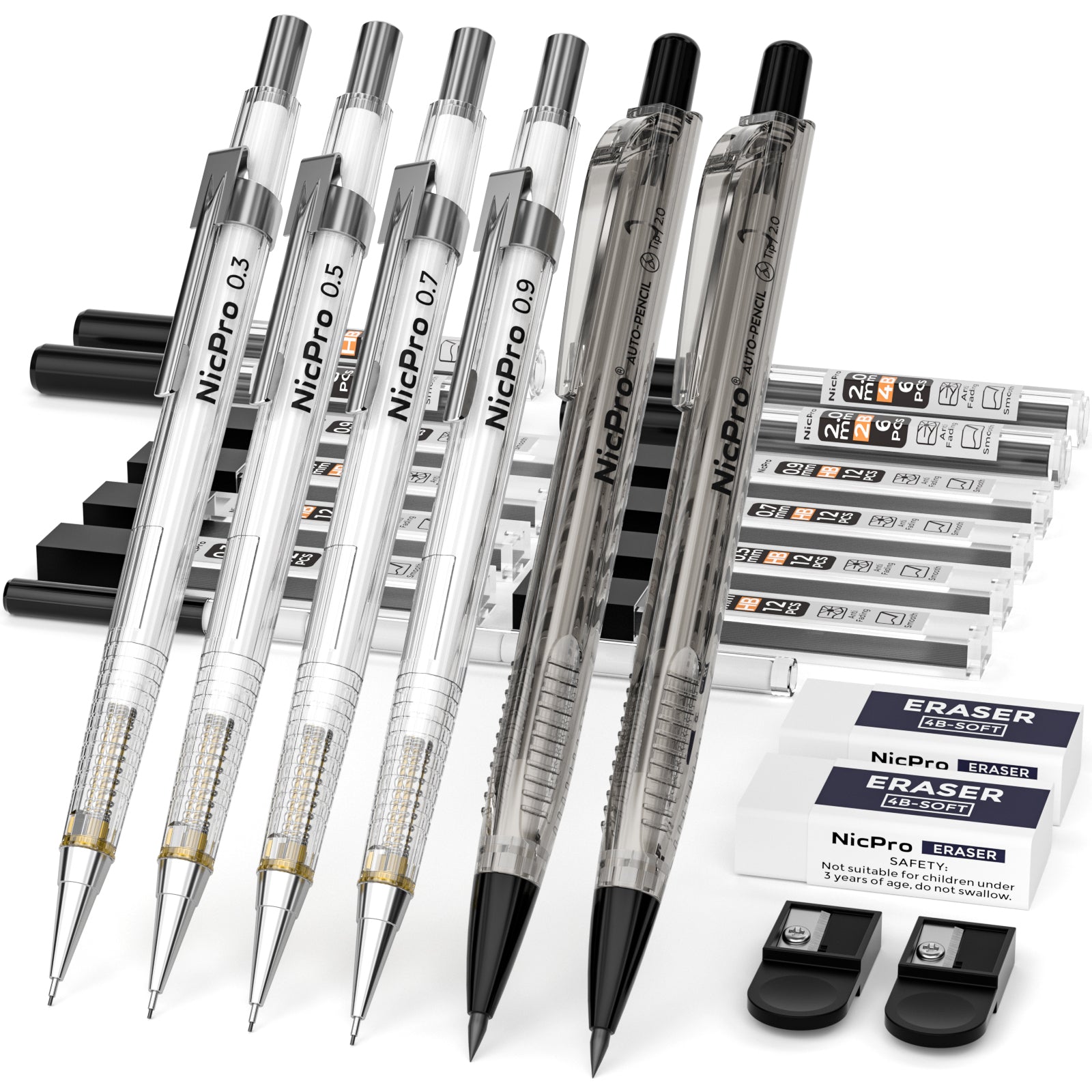 Nicpro 0.5 mm Art Mechanical Pencils Set, 3 Pencil With 3 Tubes HB Pen