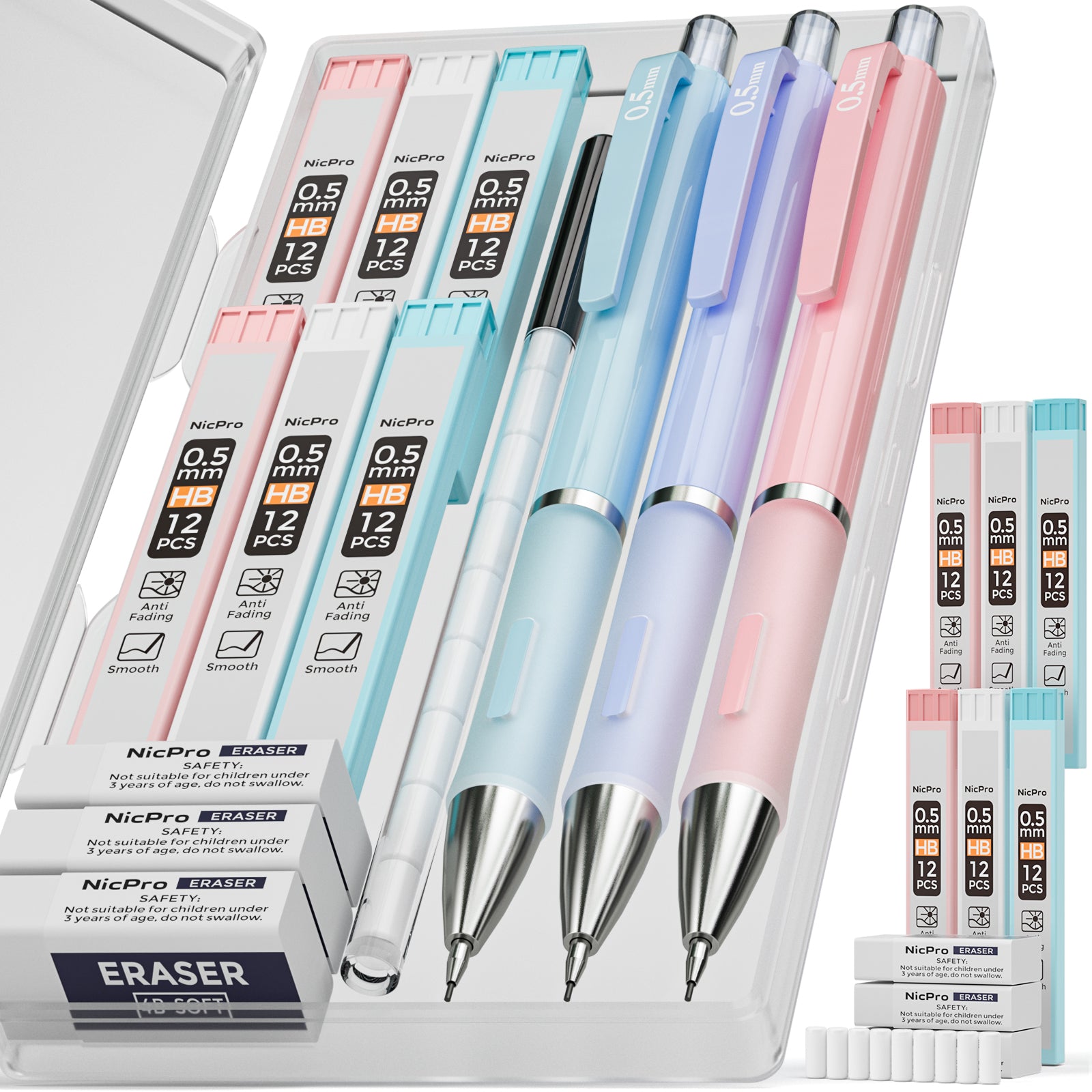 Nicpro 6PCS Pastel Mechanical Pencil Set, 0.5 & 0.7 mm with 6 Tubes HB Lead  Refill, 3PCS Eraser and 9PCS Eraser Refill for Student Writing Drafing