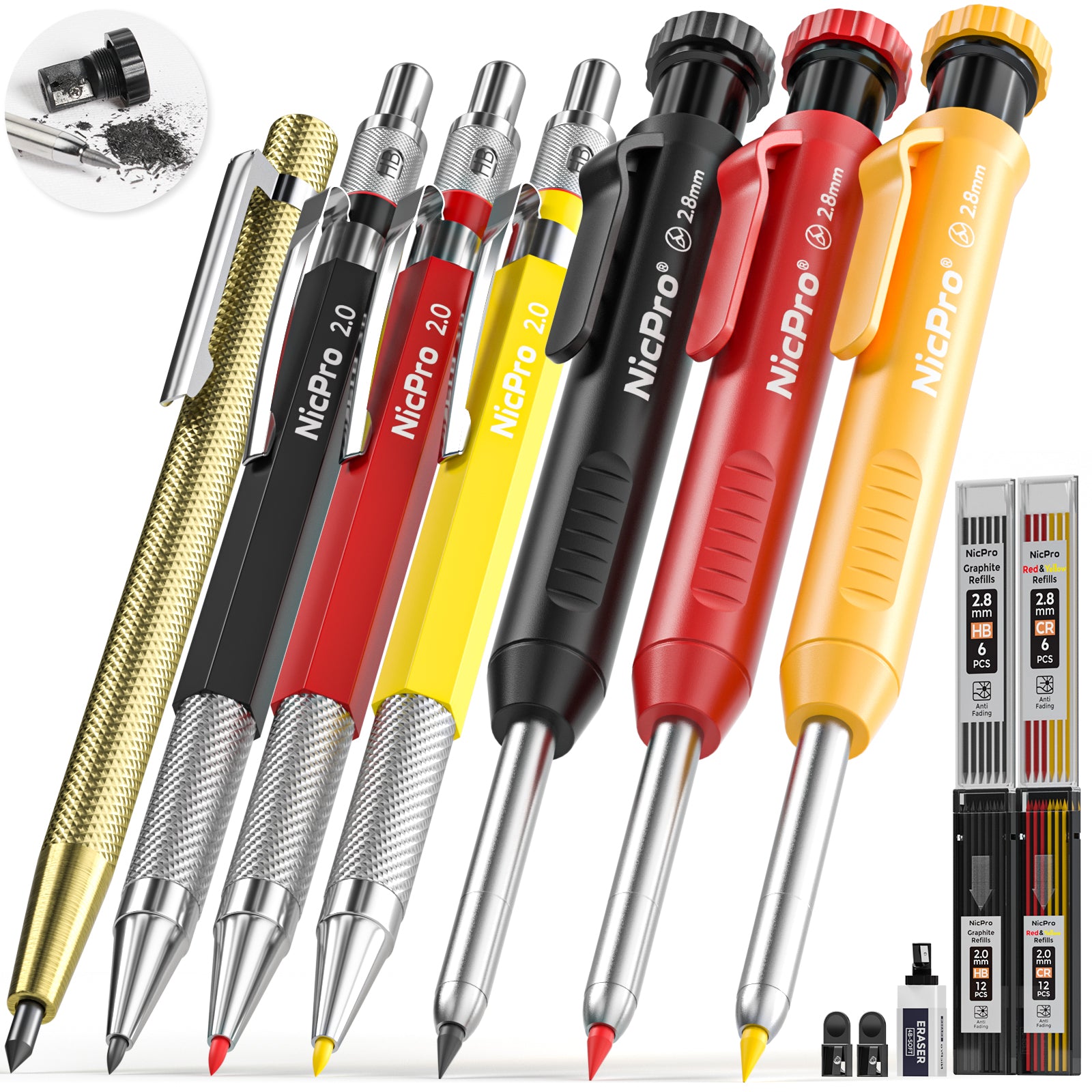 COOLHOOD Solid Carpenter Pencil Set Refill Leads Built-in Sharpener Marking  Tool Woodworking Deep Hole Mechanical Pencils Mechanical Pencil Set For