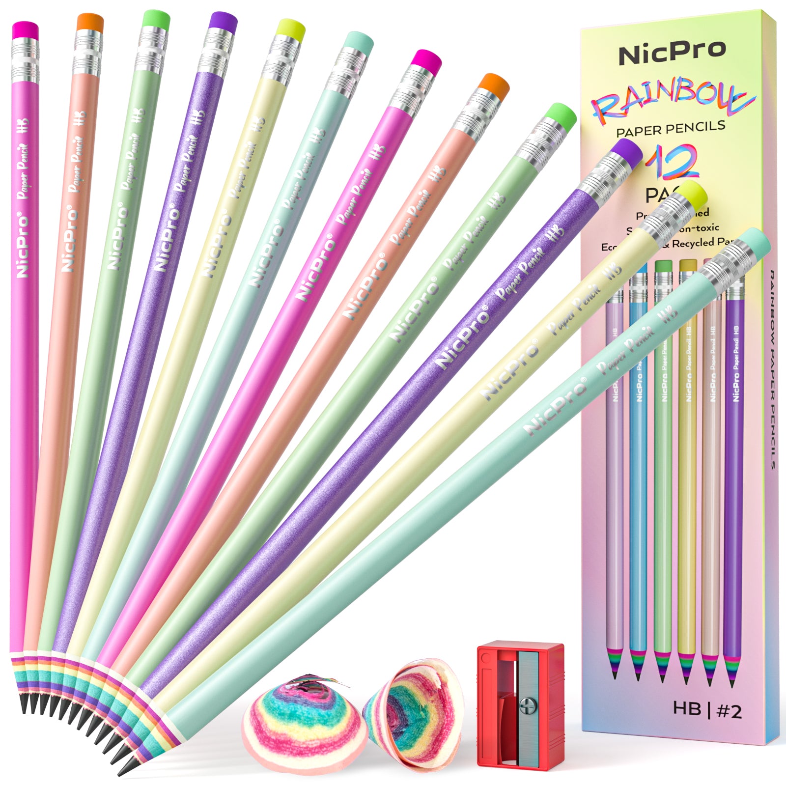 ECOTREE Eco-friendly Wood & Plastic Free Rainbow Recycled Paper #2 HB  Pencils For School and Office Supplies, Pre-sharpened,12-Pack