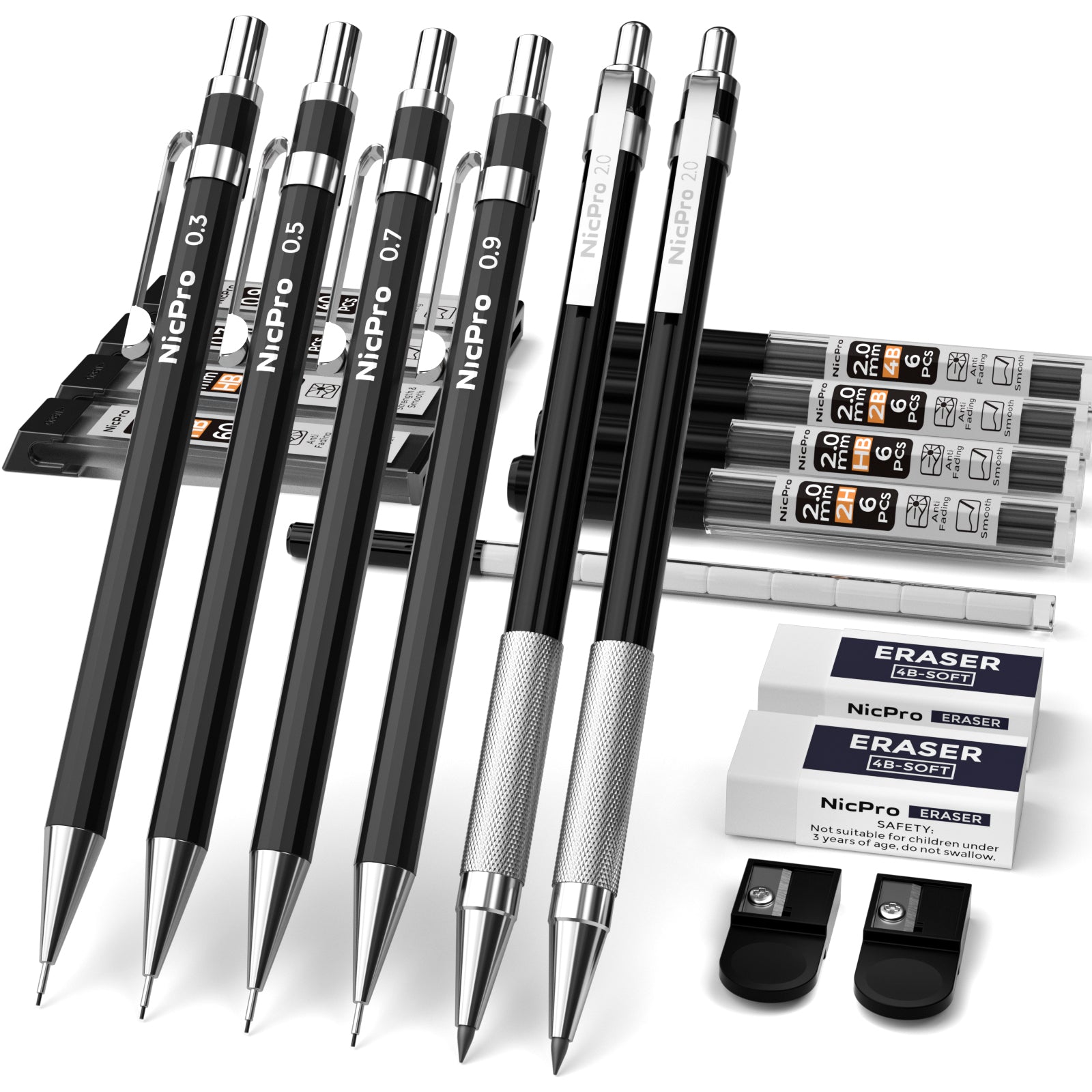 Nicpro 29 Pieces 2mm Mechanical Pencil Set, 9 PCS Artist Carpenter Drafting  Pencil 2.0 mm with 16 Tube Lead Refills HB, 2B Black & Colors, 2 Erasers