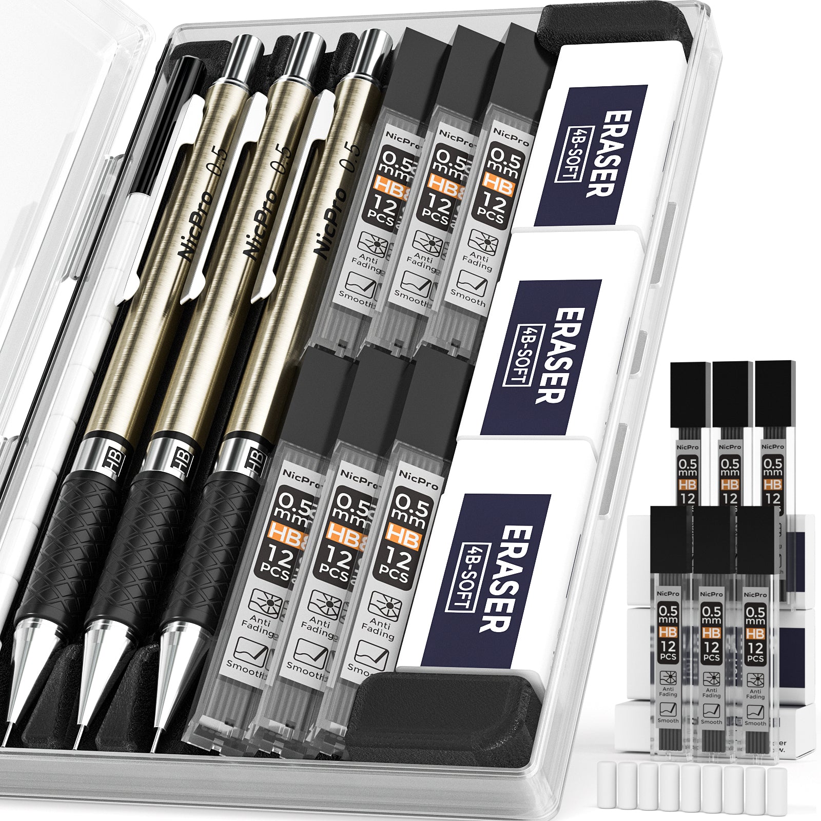 Nicpro Black Art Mechanical Pencil Set in Case, Metal Drafting Pencils 0.3,  0.5, 0.7, 0.9 & 2mm Graphite Lead Holders (2H HB 2B 4B Colored Lead) for