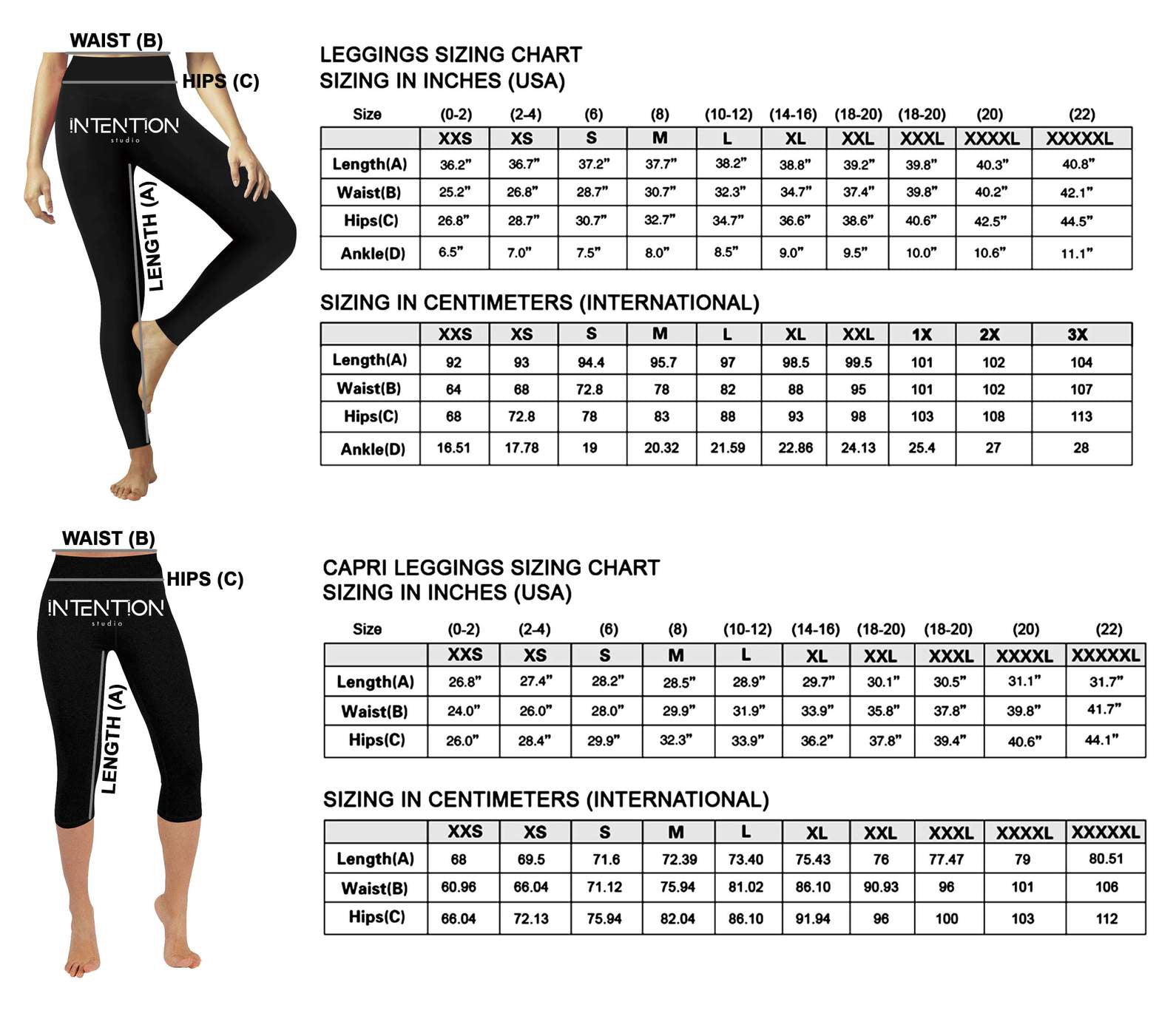 Leggings and Capri Leggings Sizing Charts – Intention Studio Design