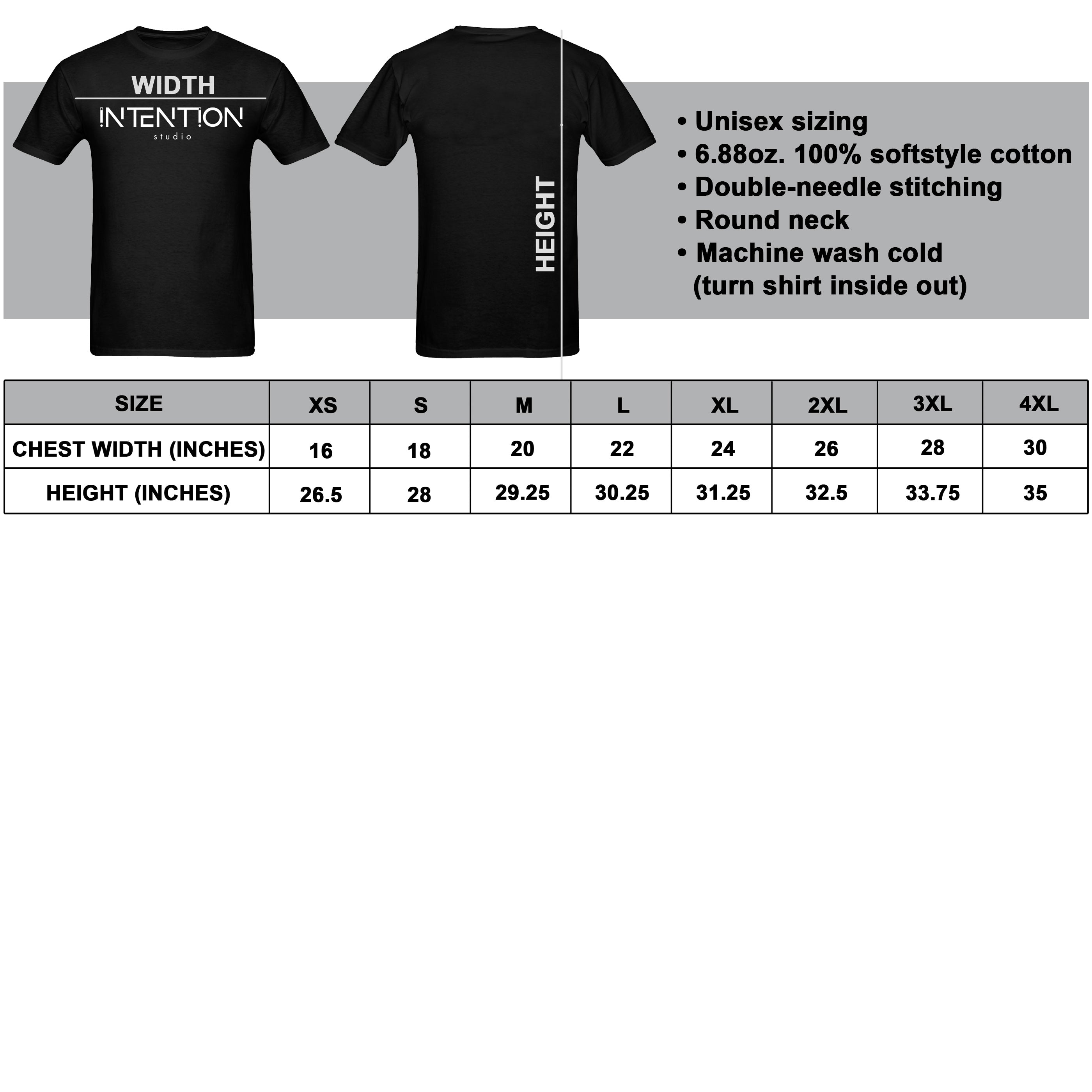 T-Shirt Sizing Chart – Intention Studio Design