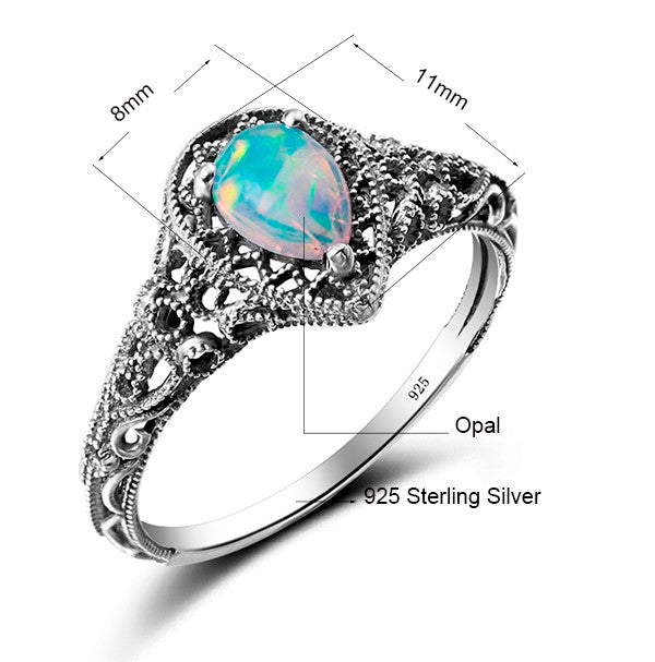 Handmade Water Drop White Fire Opal Gemstone Ring for Women