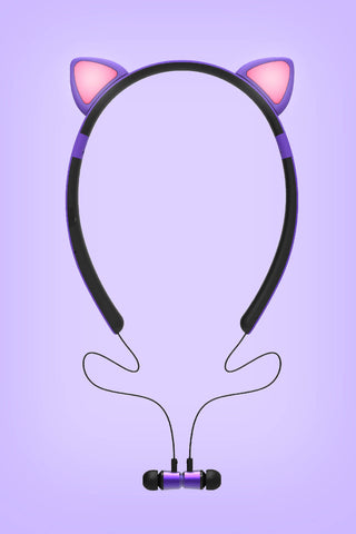 Cat Headphones Headband - Kitty Tunes Hairband - image of purple headband with earplugs joined together via magnetic ends