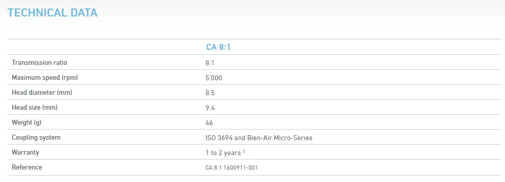 Bien-Air CA 8:1 Contra-Angle Endodontic Electric Handpiece Technical Details