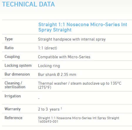 Bien-Air Straight 1:1 Nosecone Technical Guide