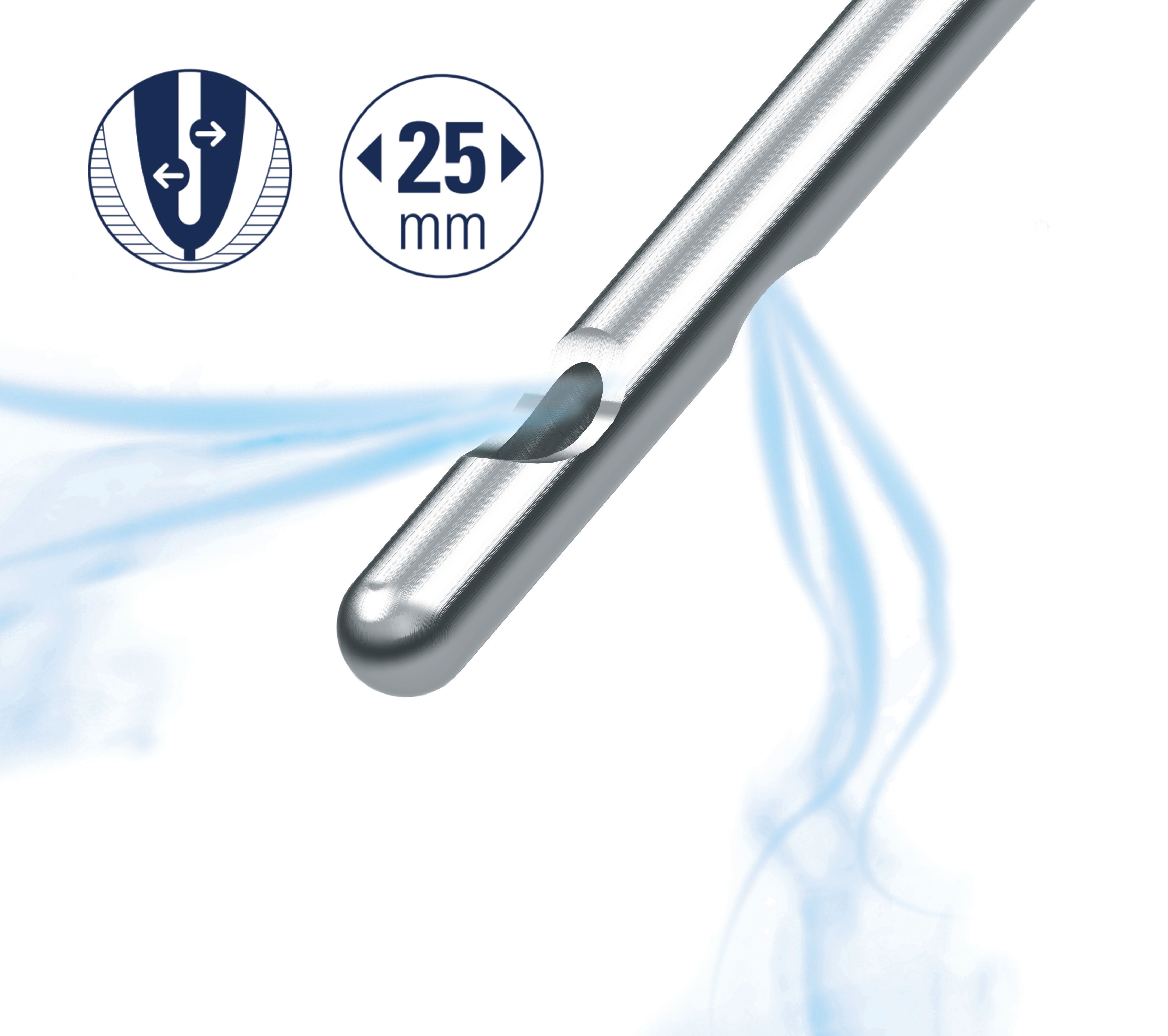 transcodent Flexible Steel
Irrigation Needles. Closed-rounded tip with double lateral vents minimizes the risk of needle binding and wedging in the root
canals, trauma to soft/hard tissue and extrusion of the irrigation solution beyond apical foramen
