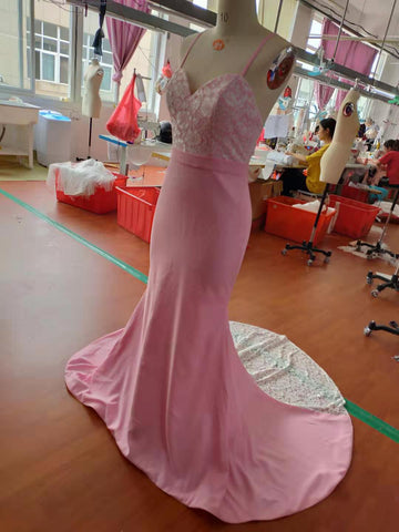 New Arrival Pink 2019 Spaghetti Straps Lace High Quality Mermaid Long Bridesmaid Dresses PFB0054