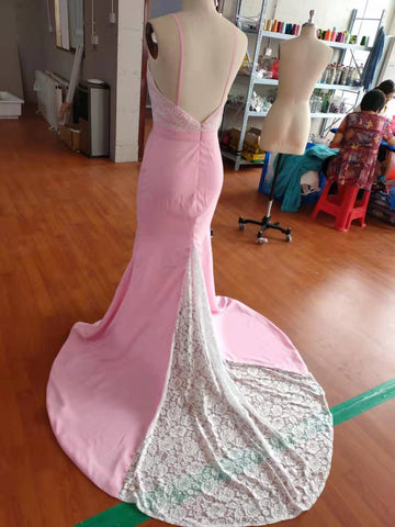 New Arrival Pink 2019 Spaghetti Straps Lace High Quality Mermaid Long Bridesmaid Dresses PFB0054