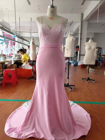 New Arrival Pink 2019 Spaghetti Straps Lace High Quality Mermaid Long Bridesmaid Dresses PFB0054