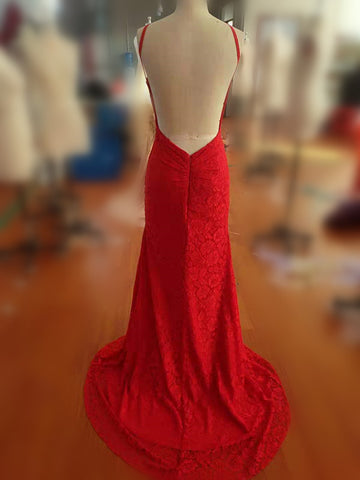 Simple Spaghetti Straps Backless Red Prom Dress,Long Mermaid Formal Dresses PFP0623