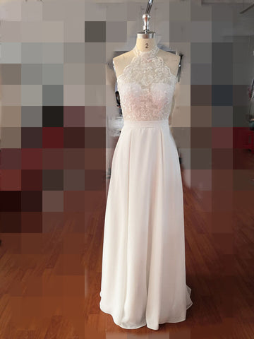 Simple A-Line Halter Sleeveless Chiffon Long Beach Summer Wedding Dress with Lace PFW0315