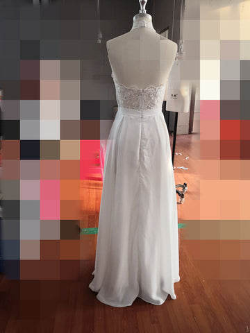 Simple A-Line Halter Sleeveless Chiffon Long Beach Summer Wedding Dress with Lace PFW0315