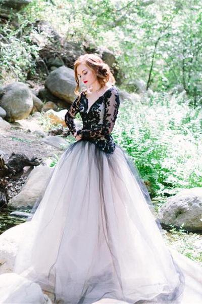 Charming Black Lace Puffy Prom Dress,Long Sleeves Open Back Tulle Wedd ...