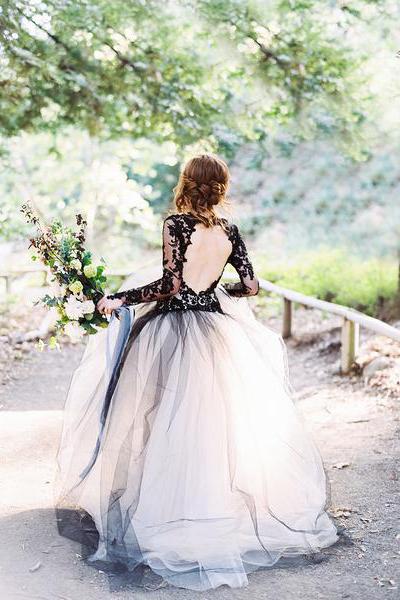 Charming Black Lace Puffy Prom Dress,Long Sleeves Open Back Tulle Wedd ...