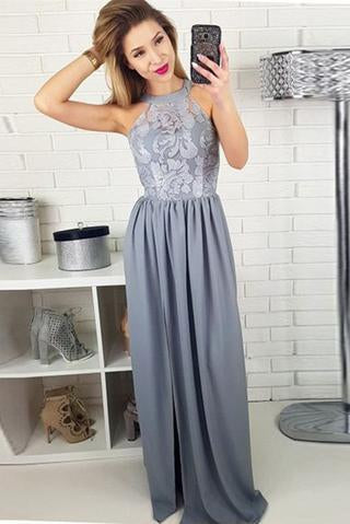 Modest Long Grey Lace Top Sleeveless Split Prom Dresses,Evening Dress ...