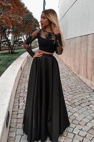 Two Piece Long Sleeve Floor Length Black Prom Dress With Lace Appliques Pfp0529