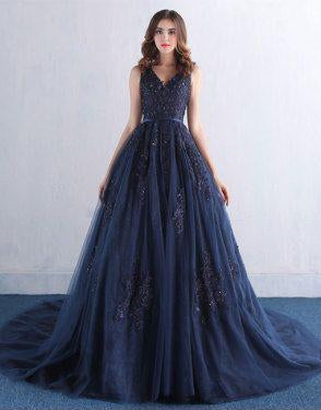 Dark Blue V Neck A Line Appliques Tulle Long Prom Dress PFP0423 – Promfast