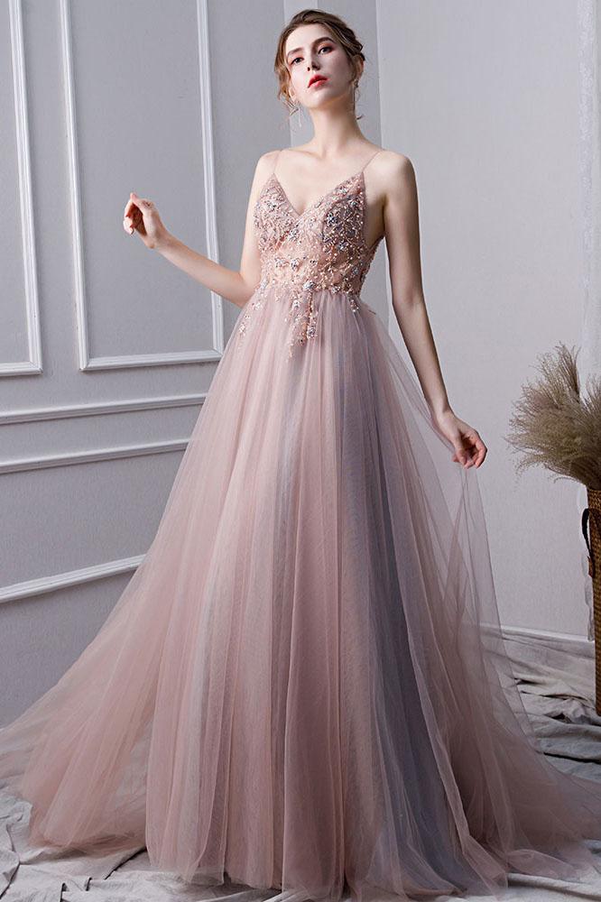 Pink A Line Spaghetti Straps Tulle Beaded Prom Dresses With Appliques Promfast 9717